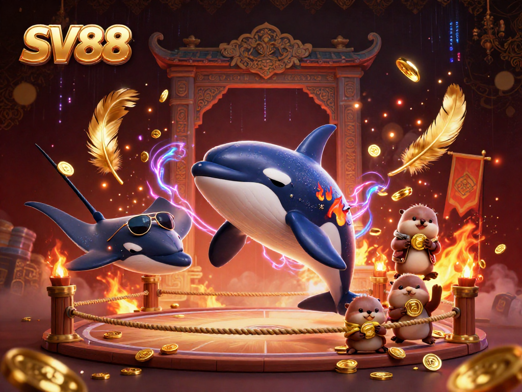 Engage in the vibrant world of SV88 with a dynamic scene of gambling characters and energizing elements.