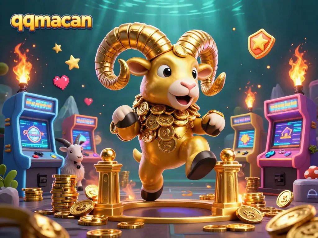 Engage in thrilling action with qqmacan's massive golden ram charging through a colorful casino landscape.