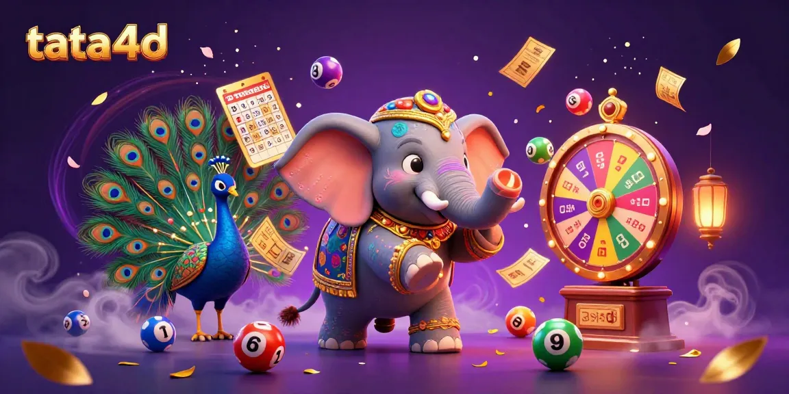 Engage with tata4d's vibrant lottery scene featuring an elephant, peacock, and colorful elements.
