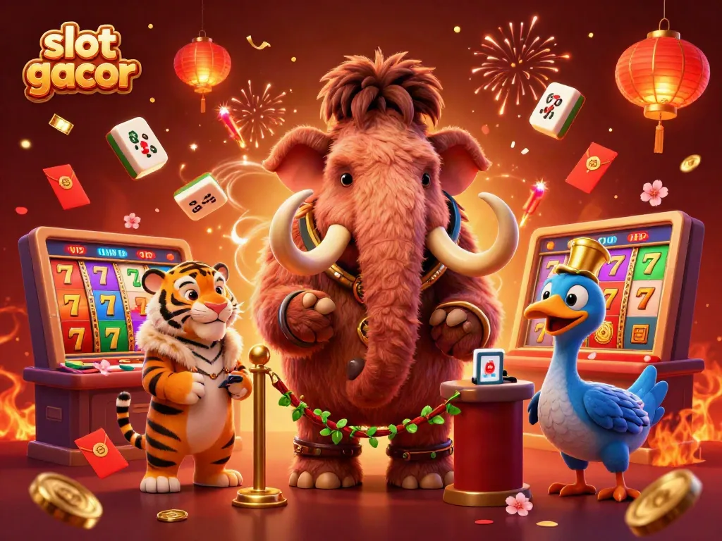 Slot gacor dengan mammoth bouncer, harimau VIP, dan burung dodo di kasino.